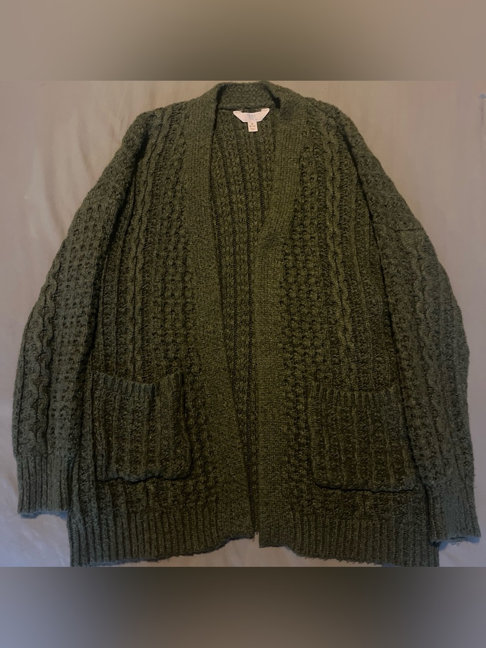 Time and Tru Olive Green Cable Knit Open Cardigan